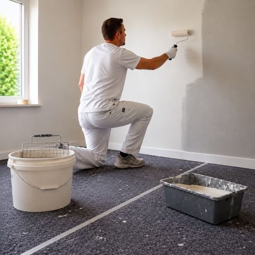 Schilder aan het werk met afdekvlies ter bescherming van de vloer
