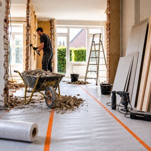Verbouwing met puin en gereedschap op een vloer beschermd met stucloper